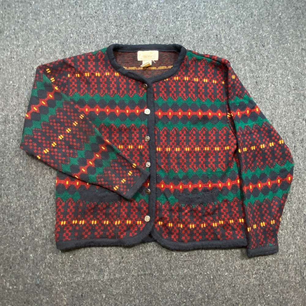 Tally-Ho Vintage Grandmacore Womens PM Fair Isle Geometric Knit Cardigan Sweater